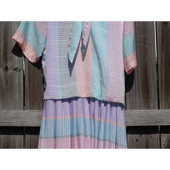 Vtg 80s Algo Pastel Plaid Stripe Midi Dress Tie Collar Retro New Wave Aesthetic - Picture 3 of 9